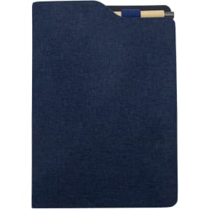 A dark blue A5 notebook with a textured cover, featuring a pen included and a pocket on the side.