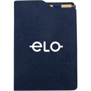 A navy blue A5 notebook with a textured cover, featuring a logo and a pen tucked into the side.