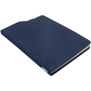 A navy blue A5 notebook with a textured cover and a logo on the side.