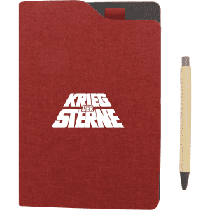 A red notebook with a textured cover and a pen beside it. The notebook features a logo on the front.