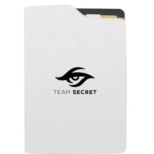 A white A5 notebook featuring a logo on the cover and a black design element.