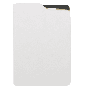 A white A5 notebook with a textured cover, featuring an inside pocket and a logo on the front.
