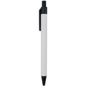 A black and white pen with a retractable tip and a clip for easy attachment. Features a simple design.