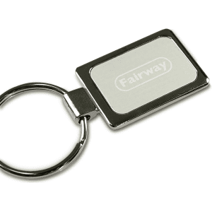 A rectangular silver keychain with a polished finish and a blank insert area for customisation, featuring a metal ring.