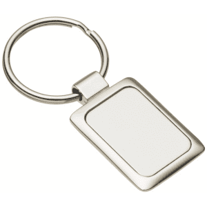 A rectangular silver keychain with a smooth, blank surface and a metal ring attachment.