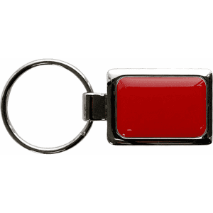A rectangular keychain featuring a shiny red centre and a silver metallic frame attached to a keyring.