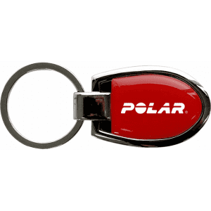 A red keychain with a silver metal keyring and a logo. The design is sleek and compact.