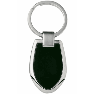 A sleek keychain featuring a polished silver finish and a black shield-shaped body, with a circular ring attachment.