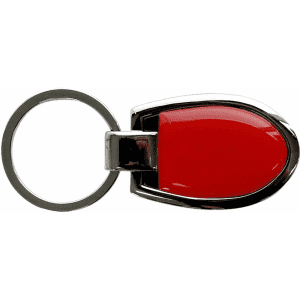 A shiny silver keychain featuring a red shield-shaped design with a metal loop for attaching keys.