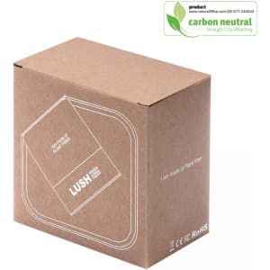 A brown cardboard box with a rounded design and a logo, featuring minimalistic white line graphics.