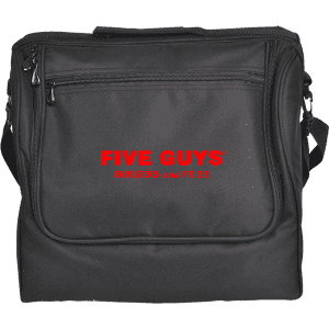 A black picnic basket with a shoulder strap, featuring a red logo and zippered compartments.