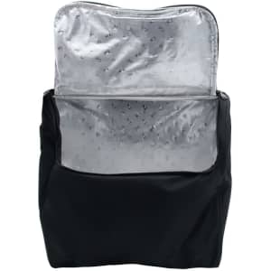 A black picnic basket with a silver insulated lining, featuring a pocket at the back. Includes a logo.