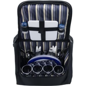 A picnic basket featuring a striped interior, with drink bottles, utensils, plates, and cups. It has a sleek black exterior.