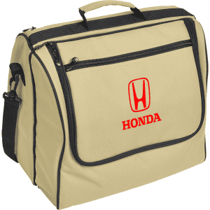 A beige picnic basket with a black trim and a front pocket, featuring a logo.
