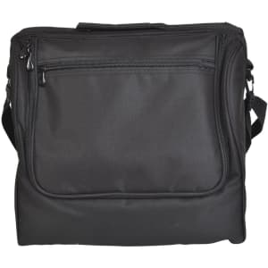 A black picnic basket with a zipped front pocket and an adjustable strap. It features a compact and sturdy design.