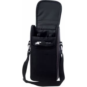 A drink bottle cooler bag in black, designed to hold two bottles, features a zippered top and an adjustable strap.