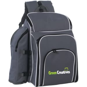 A grey picnic backpack with multiple compartments and a side pocket, featuring a logo.