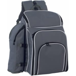 A grey picnic backpack with multiple compartments, zippers, and a side drink bottle holder. Features branding.