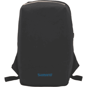 A black computer backpack with adjustable straps and a logo on the front.