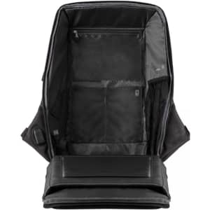 An ECO NOVA computer backpack in black, featuring multiple compartments and a padded section for a laptop.