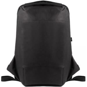 A black ECO NOVA computer backpack featuring a sleek design and adjustable straps. It has a branding logo.