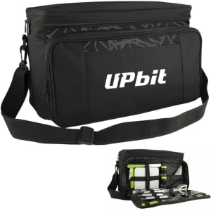 A black picnic bag with a shoulder strap, featuring compartments for utensils and tools, and a logo on the front.