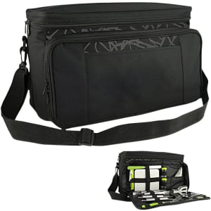 A black picnic bag featuring compartments for food and utensils, with an adjustable strap and a subtle logo.