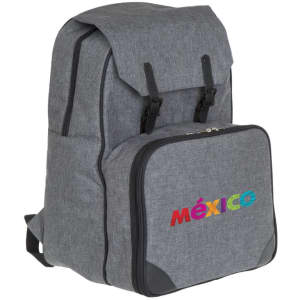 A grey backpack with a front compartment and a logo, featuring adjustable straps and a flap closure.