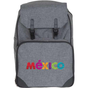 A grey backpack with a large front pocket featuring colourful lettering. The backpack has adjustable straps and metal buckles.