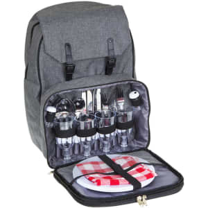 A grey picnic backpack with utensils, glasses, and plates neatly organised inside.