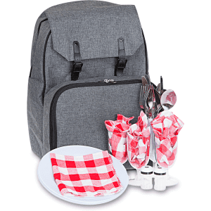 A grey backpack with cutlery, glasses, a plate, and checkered napkins displayed in front.