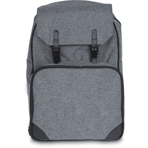 A grey backpack with a textured finish, featuring two straps on the top and a front pocket. It has a logo on the front.