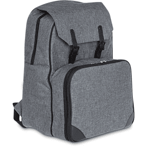 A grey backpack featuring a double flap closure and a front zippered compartment, with black accents.