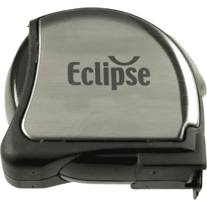 A metal and black tape measure with a polished surface and a logo on the side.