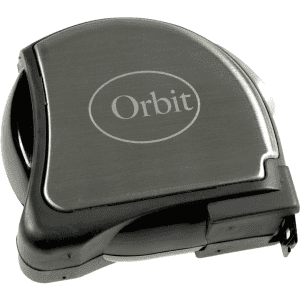 A professional 5-metre tape measure in black and silver, featuring a circular design and a branding logo.