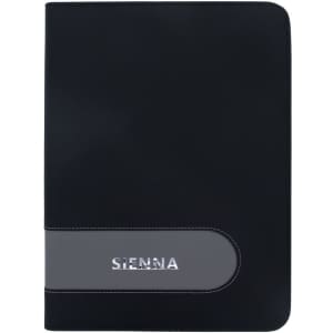 A sleek black compendium with a grey accent, featuring a logo on the front. Ideal for office and business use.