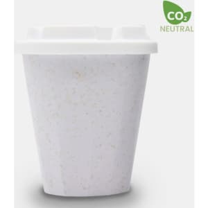 A drinking cup with a speckled white design, featuring a lid and a CO2 neutral logo.