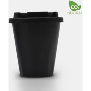 A drink bottle in a sleek black design with a lid and rounded base. Features a logo.