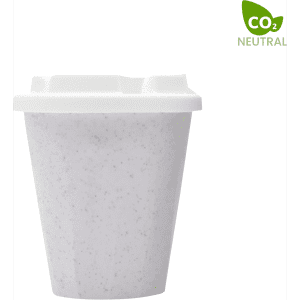 A drink cup made of white material with a speckled design, featuring a logo and a ridged lid.