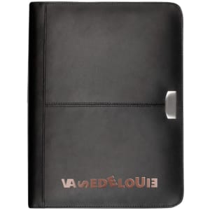 A black leather zippered 3-ring compendium featuring a sleek design and a logo on the front.