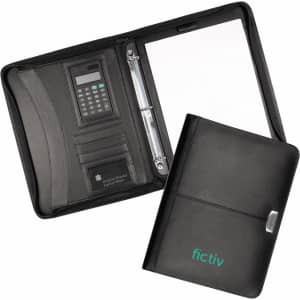 A black leather zippered compendium with a calculator, card slots, and a notepad. Features a front cover with a logo.