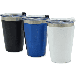 A drink tumbler set in black, blue, and white, featuring stainless steel accents and a lid.