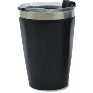 A drink tumbler in matte black with a clear lid and silver accent, featuring a branding logo.
