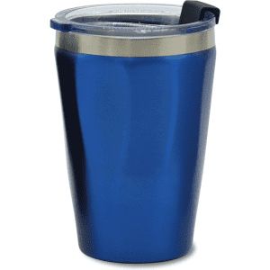 A drink bottle in a blue finish with a stainless steel band and a clear lid, featuring a logo.