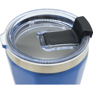 A drink bottle with a blue exterior and a clear lid featuring a black closure. It has a metallic band around the top.