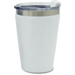 A drink bottle with a white exterior and stainless steel band, featuring a clear lid and an airtight seal.