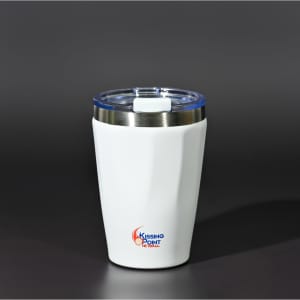 A drink bottle in white with a stainless steel bottom and a clear lid, featuring a logo on the exterior.