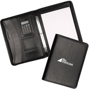 A black zippered compendium with a calculator, notepad, and multiple cardholders inside.
