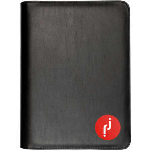A black zippered compendium featuring a round logo on the front. It includes three rings for holding documents.