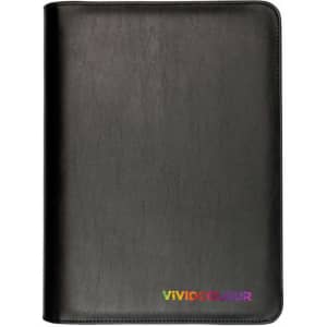 A black zippered compendium with a textured surface and a subtle branding logo at the bottom.